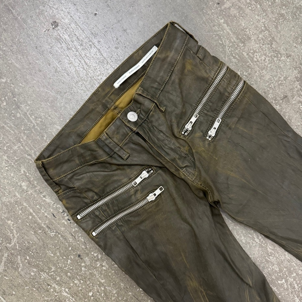 Zara Biker Pants Women 2 Olive Brown Excellent Waxed Moto Zippers Y2K Hedi Style